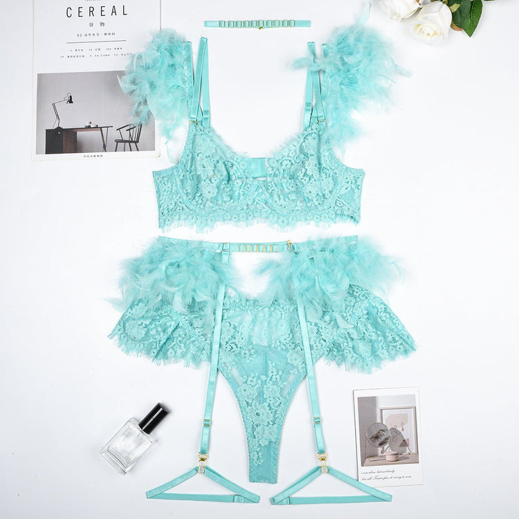 Feather Sexy Lingerie Lace Women Underwear Bra Panty - Serenity Spaces