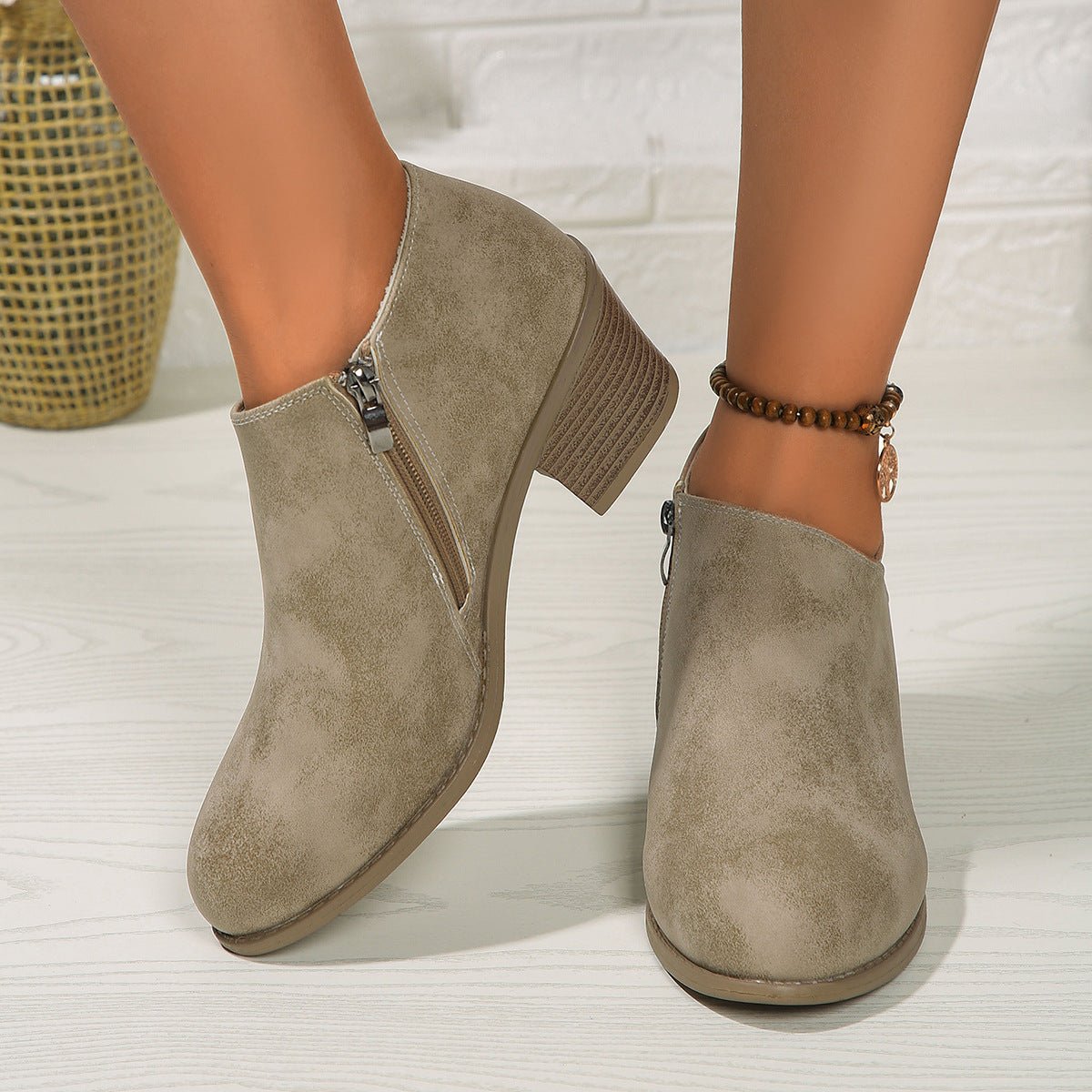 Chunky Heel Round Toe Ankle Boots With Side Zipper Design Fashion Fall Winter Short Boots For Women Shoes - Serenity Spaces