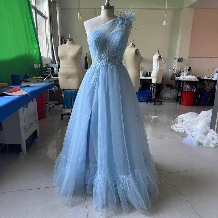 Blue One - shoulder Feather Wedding Dress - Serenity Spaces