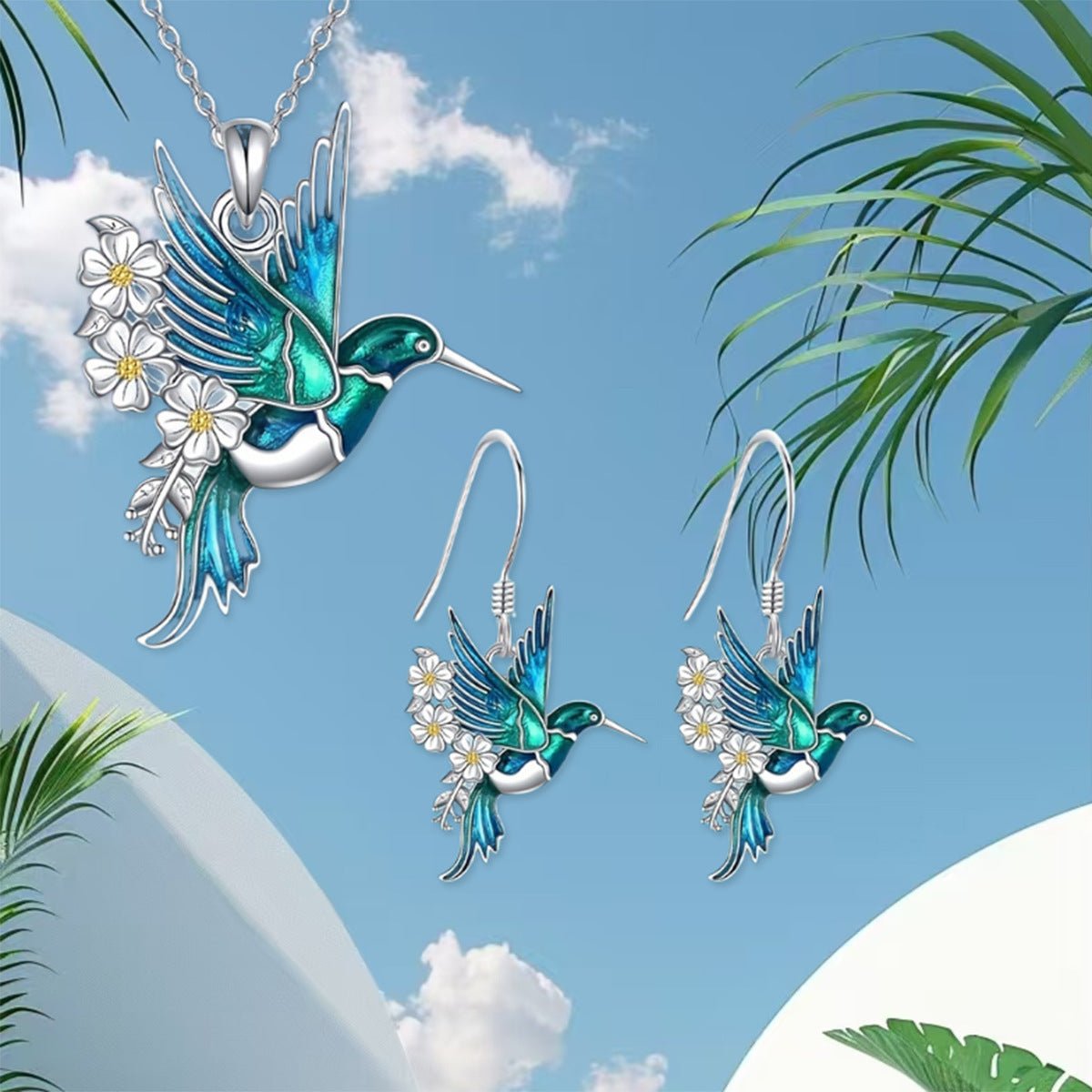 Hummingbird Pendant Necklace Eardrop Set - Serenity Spaces