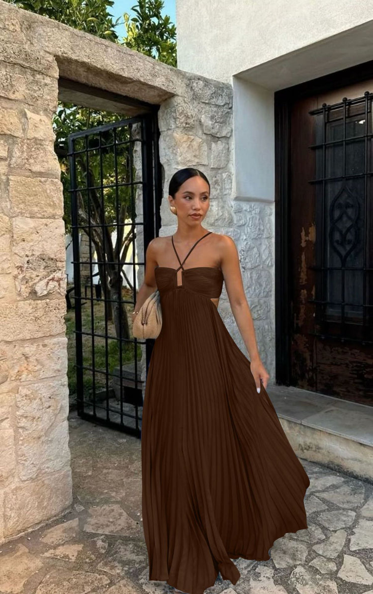 Ins Pleated Sleeveless Sling Dress Hollow High Waist Halter Robe Dresses For Evening Party Club Clothing Women - Serenity Spaces