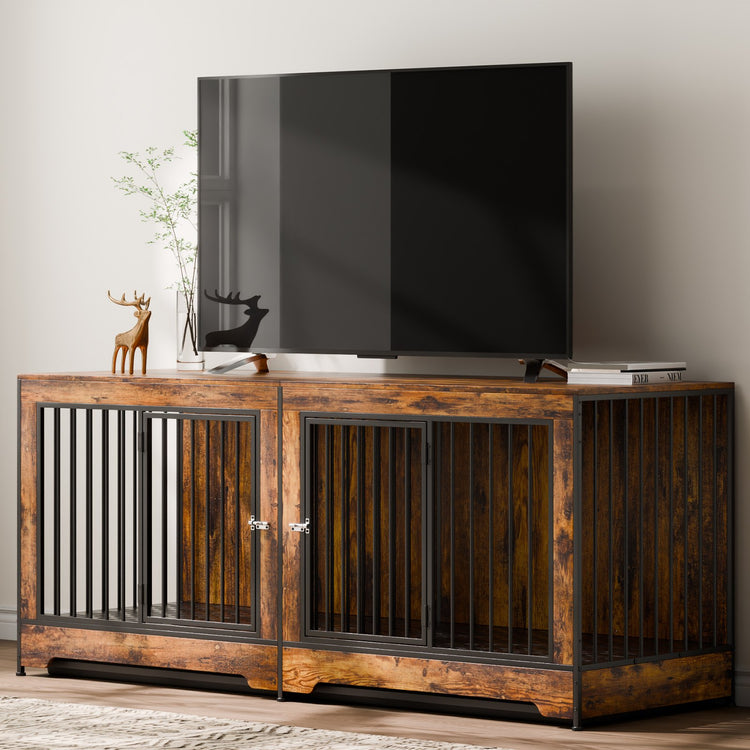 Dog Crate Furniture 75 In Indoor Wooden Dog Kennel With Divider And Tray - Serenity Spaces