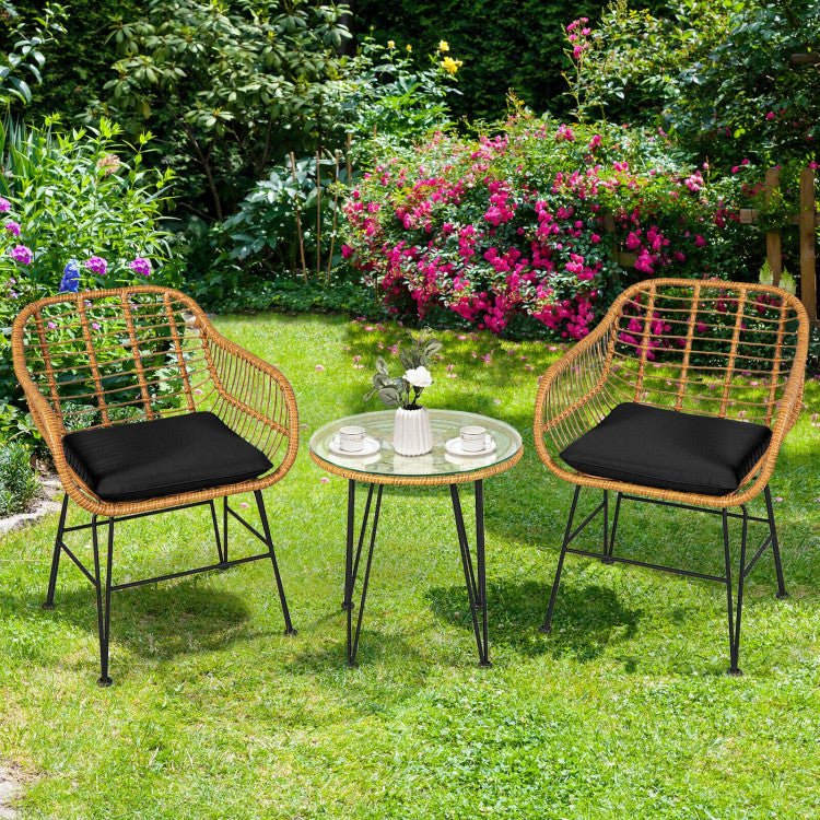 3 Pieces Rattan Furniture Set With Cushioned Chair Table - Serenity Spaces