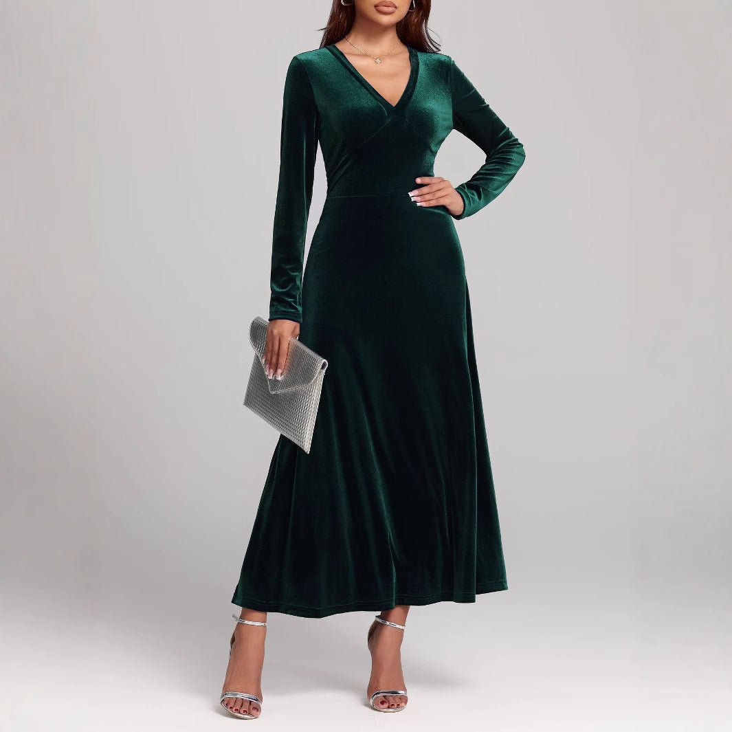 V - neck Long Sleeve Evening Dress Pleuche Dress - Serenity Spaces