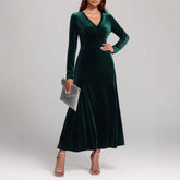 V - neck Long Sleeve Evening Dress Pleuche Dress - Serenity Spaces