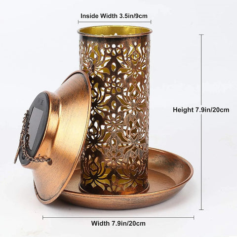 Solar Bird Feeder Hanging with LED Solar Powered Light for outside Garden Decor Waterproof Retro Metal Garden Lantern Birdfeeders for Yard Outdoor Home Decoration