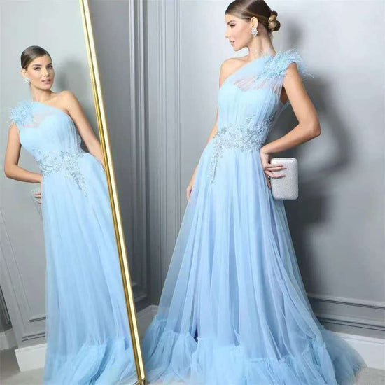 Blue One - shoulder Feather Wedding Dress - Serenity Spaces