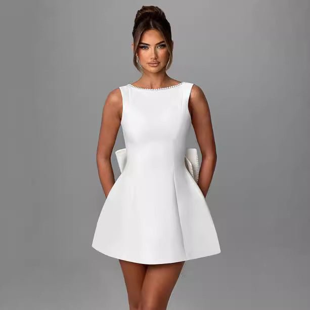 Fashion Big - Bowed Pearls Backless Dress Summer Slim Sleeveless A - line Dresses For Party Evening Women&
