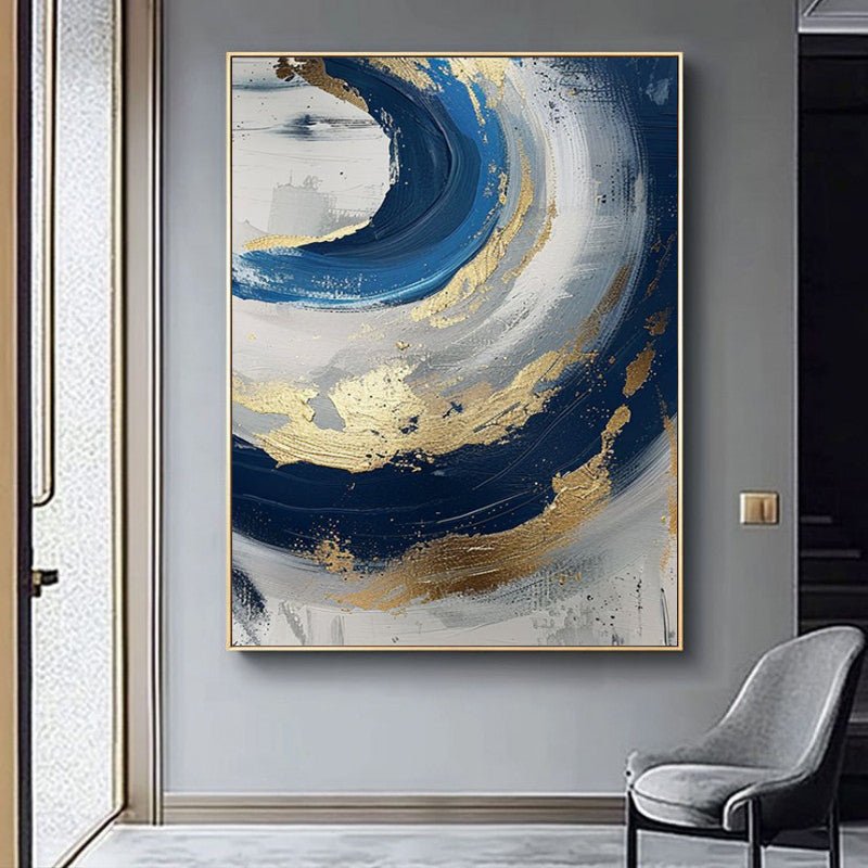 Luxury Handmade Abstract Oil Painting Wall Art Modern Golden Blue Minimalist Texture Canvas Mural For Living Room Decor Frameless - Serenity Spaces