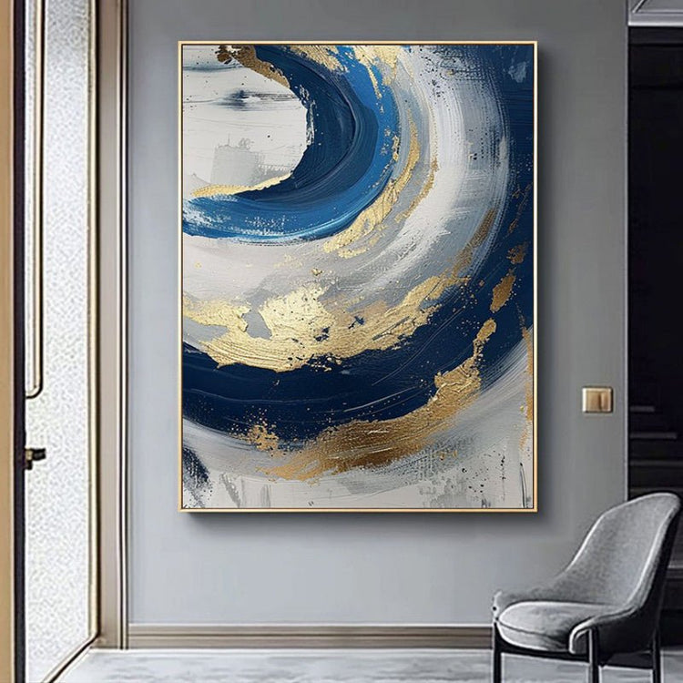 Luxury Handmade Abstract Oil Painting Wall Art Modern Golden Blue Minimalist Texture Canvas Mural For Living Room Decor Frameless - Serenity Spaces