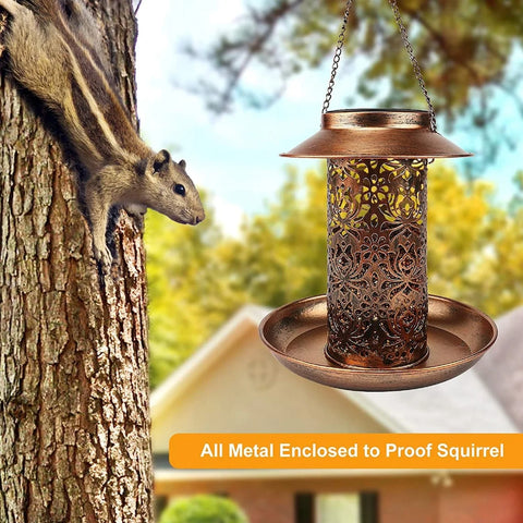 Solar Bird Feeder Hanging with LED Solar Powered Light for outside Garden Decor Waterproof Retro Metal Garden Lantern Birdfeeders for Yard Outdoor Home Decoration