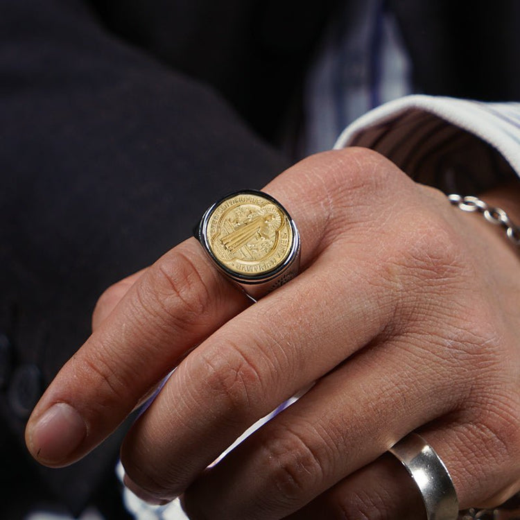 Christian Order Of St. Benedict In Titanium And Bronze Ring - Serenity Spaces