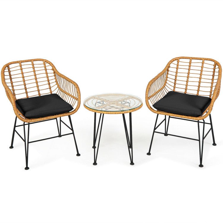 3 Pieces Rattan Furniture Set With Cushioned Chair Table - Serenity Spaces