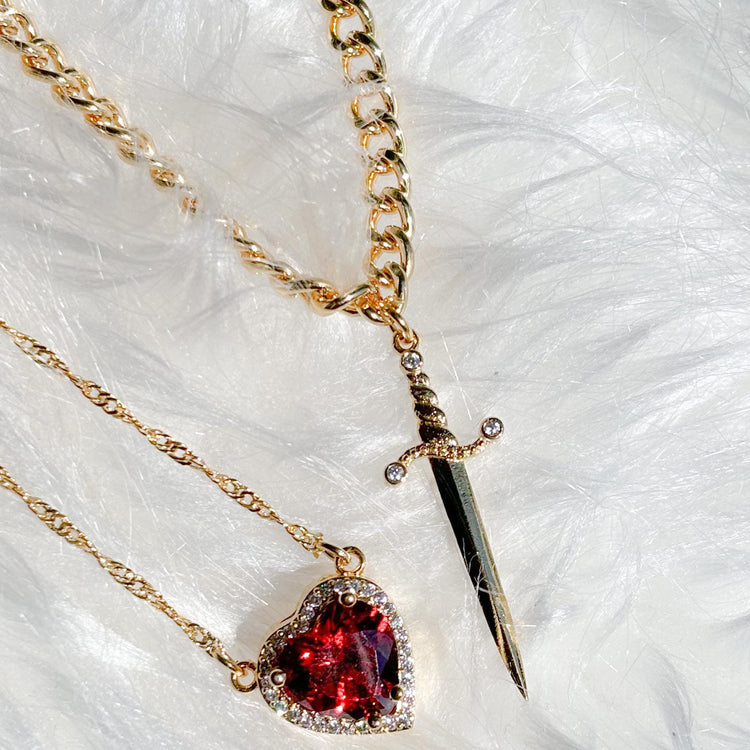 Gothic Punk One Arrow Through The Heart Creative Two Color Couple Necklace Red Rhinestone Heart Dagger Necklace Good Friend Gift Fashion Jewelry - Serenity Spaces