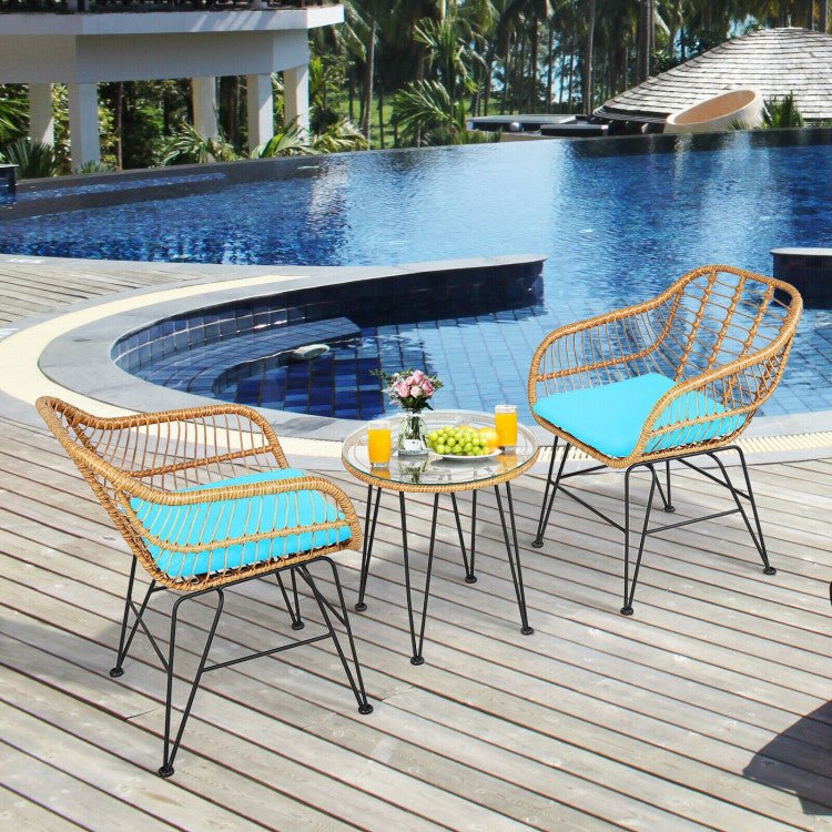 3 Pieces Rattan Furniture Set With Cushioned Chair Table - Serenity Spaces