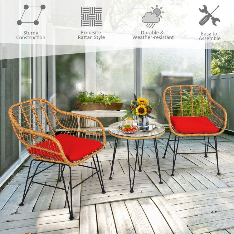 3 Pieces Rattan Furniture Set With Cushioned Chair Table - Serenity Spaces