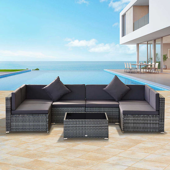 7 Piece Wicker Patio Furniture For Backyard Outdoor Sectional Sofa With Cushions Tempered Glass Coffee Table Pillows Gray - Serenity Spaces