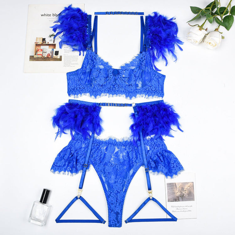 Feather Sexy Lingerie Lace Women Underwear Bra Panty - Serenity Spaces