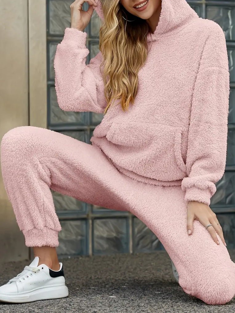 Winter Plush Pajama Set Fashion Casual Hooded Top and Elastic Band Pants Warm Set - Serenity Spaces