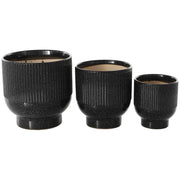 9 In., 8 In. and 6 In. Small Black Ceramic Speckled Planter with Linear Grooves and Tapered Bases (3-Pack)