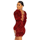 Sequin Backless Padded Shoulder Bubble Sleeve Party Dresses For Women - Serenity Spaces