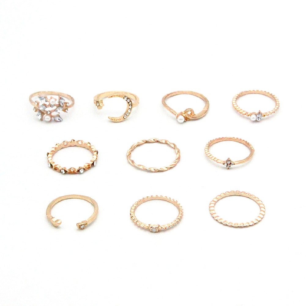 Bohemian Fashion Star Moon Love Pearl Leaf 10 - Piece Ring - Serenity Spaces
