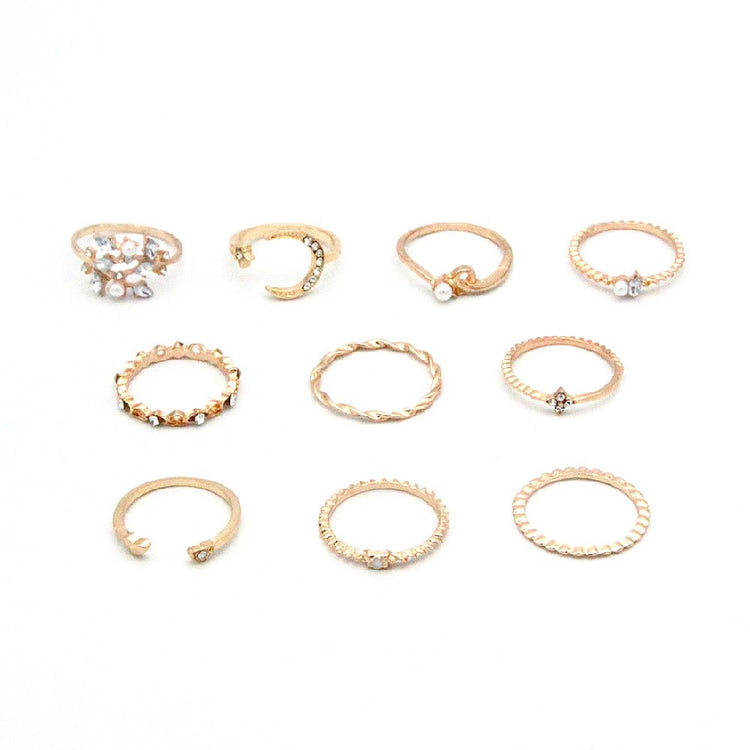 Bohemian Fashion Star Moon Love Pearl Leaf 10 - Piece Ring - Serenity Spaces