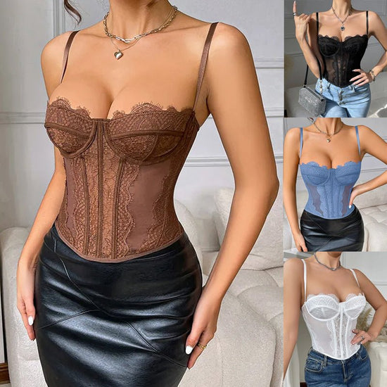 Women Tanks Lace Spaghetti Strap Top Summer Sleeveless Tops Open Back Bone Corset Bustier Sexy Slim Lingerie Bodyshaper Camisole - Serenity Spaces