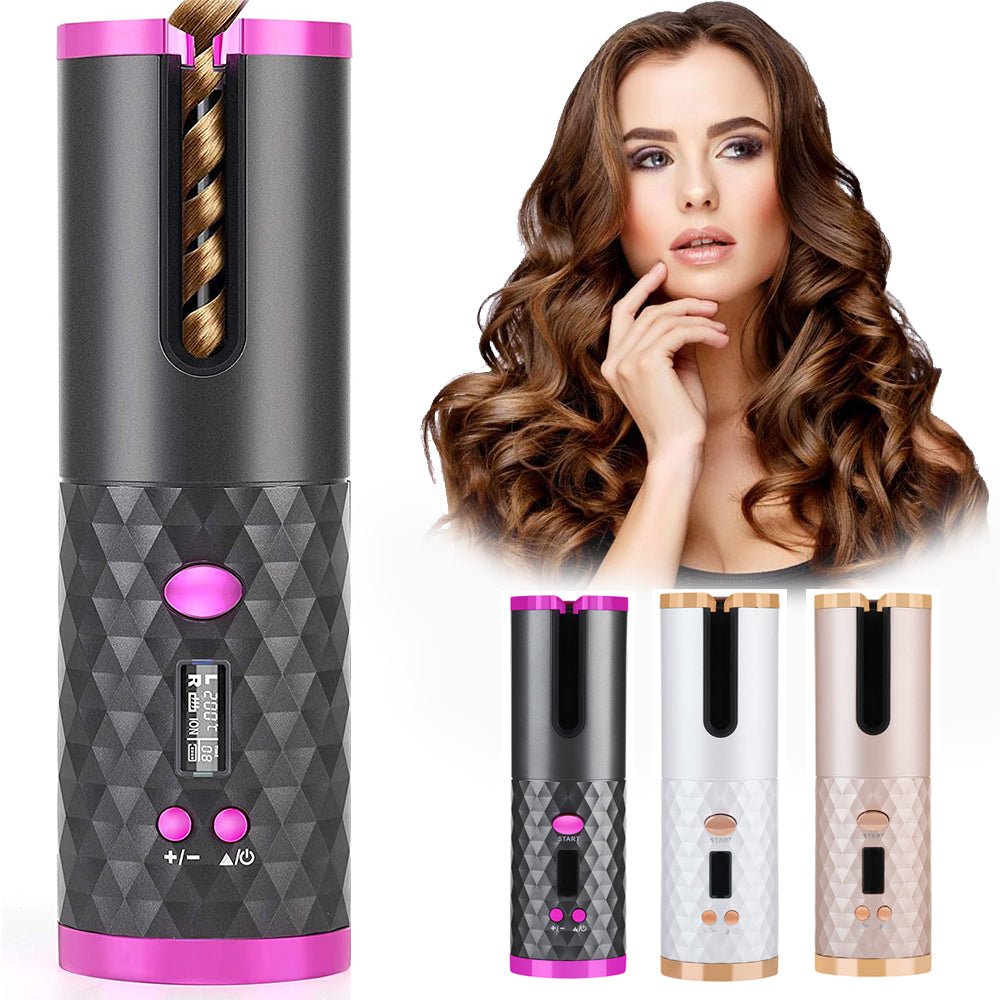 Rechargeable Automatic Hair Curler Women Portable Hair Curling Iron LCD Display Ceramic Curly Rotating Curling Wave Styer - Serenity Spaces