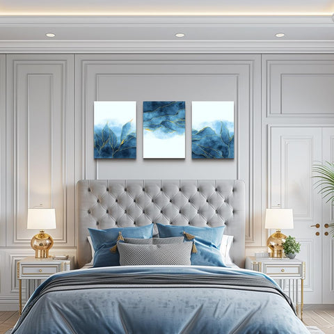 Abstract Canvas Wall Art for Living Room Bedroom Decoration Office Wall Painting,Bathroom Wall Decor Gray Blue Canvas Pictures Modern Home Decoration Wall Artwork,Fashion Wall Art 16X12 Inch/ 3 Piece