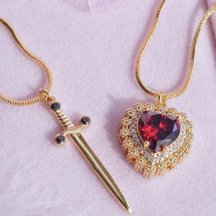 Gothic Punk One Arrow Through The Heart Creative Two Color Couple Necklace Red Rhinestone Heart Dagger Necklace Good Friend Gift Fashion Jewelry - Serenity Spaces