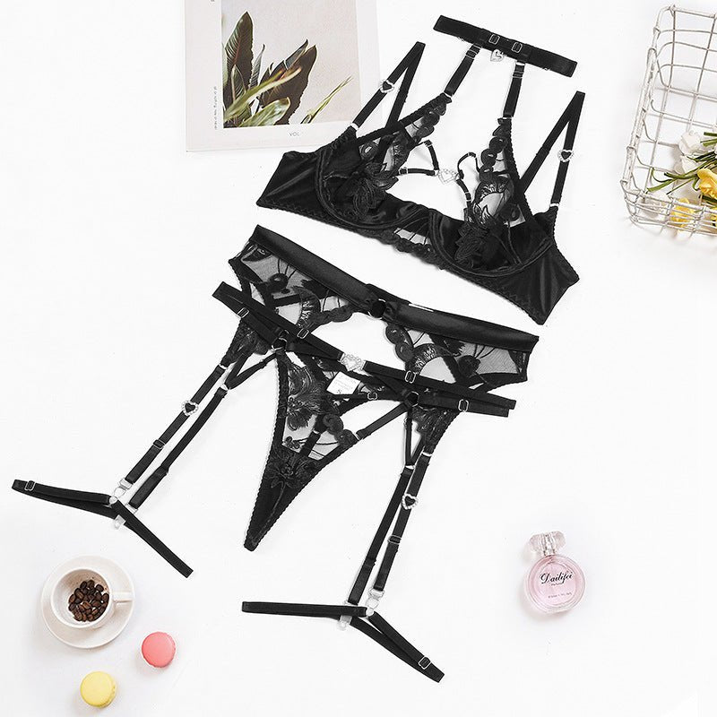 Love Drill Buckle Sexy Cutout Embroidered Sexy Lingerie Suit - Serenity Spaces