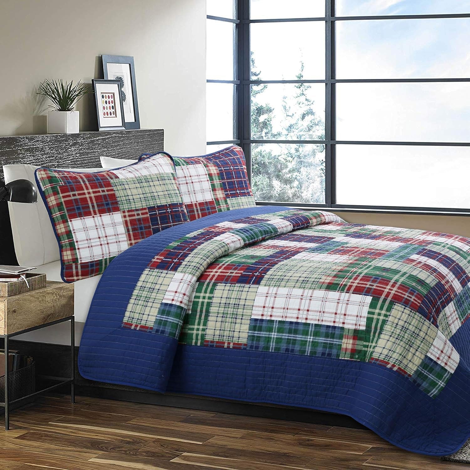 Navy Blue Green Red Plaid 100% Cotton Quilt Bedding Set, Reversible Coverlet, Bedspread (England Patchwork, Queen - 3 Piece) - Serenity Spaces
