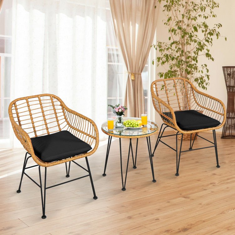 3 Pieces Rattan Furniture Set With Cushioned Chair Table - Serenity Spaces