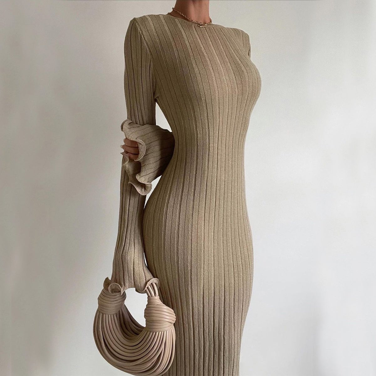 Fashion Slim Long - sleeved Ruffled Long Dress Sexy Hip - wrapped Back - less Knitted Maxi Dresses For Party Beach Womens Clothing - Serenity Spaces