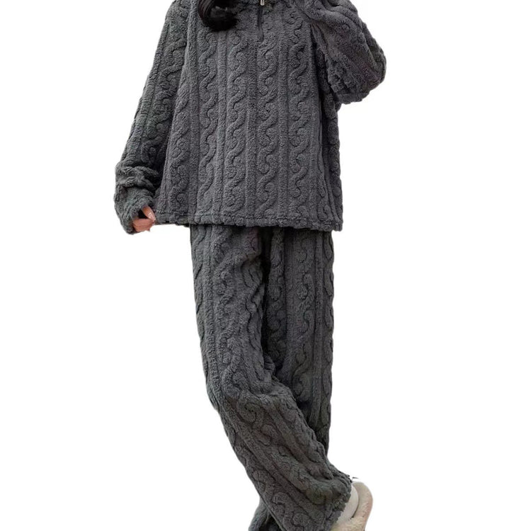 Autumn And Winter Zippered Fleece - lined Thick Coral Pajamas Loungewear Sleepwear - Serenity Spaces