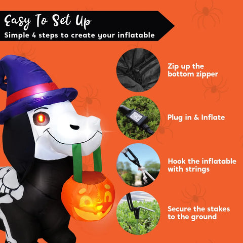 5 FT Halloween Inflatables Light up Pumpkin Skeleton Wiener Dog Long Halloween Inflatables Outdoor Decorations,Blow up Halloween Yard Decorations