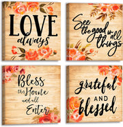 Rustic Blessed Love Sign Wall Art for Living Room Bathroom Decor Wall Art Floral Canvas Wall Art Set, Multi Panel Wood Wall Art Prints 4 Piece 12X12 Inches Farmhouse Wall Art Home Artwork