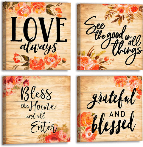 Rustic Blessed Love Sign Wall Art for Living Room Bathroom Decor Wall Art Floral Canvas Wall Art Set, Multi Panel Wood Wall Art Prints 4 Piece 12X12 Inches Farmhouse Wall Art Home Artwork