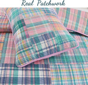 100% Cotton Real Patchwork Pink Blue Green Reversible Quilt Bedding Set, Bedspread, Coverlet (Pink Plaid, Queen - 3 Piece)