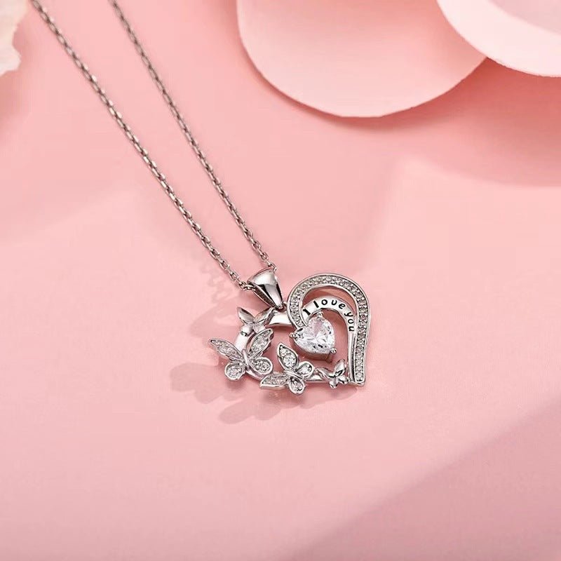 Ins Butterfly Love Necklace With Rhinestones Fashion Personality Hollow Heart - shaped Clavicle Chain Pendant Necklace For Valentine&