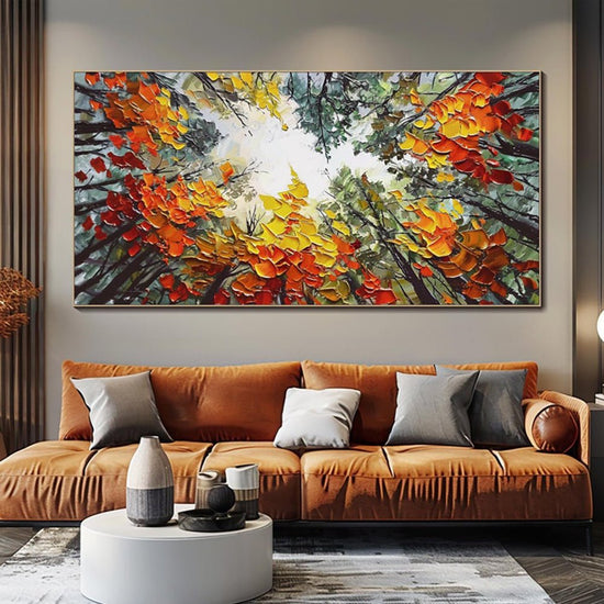Modern Brich Treescape Landscape Canvas Artwork Handpainted Orange Forest Thick Oil Painting Natural Home Wall Decor - Serenity Spaces