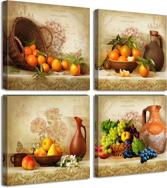 Kitchen Wall Decor Canvas Art for Dining Room Vintage Theme Fruit Pictures Farmhouse Rustic Signs Paintings Bar Accessories Realism Colorful Framed Decorations 4 Pcs/Set - Serenity Spaces
