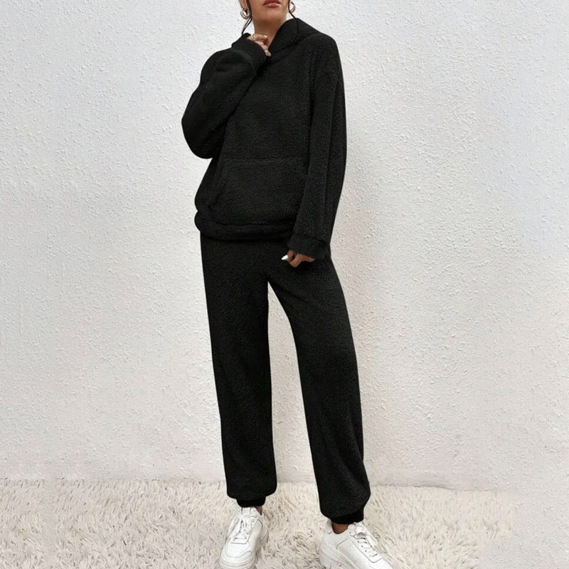 Winter Plush Pajama Set Fashion Casual Hooded Top and Elastic Band Pants Warm Set - Serenity Spaces