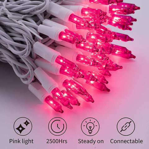 Christmas Pink Mini String Lights - 100 Count 25 Feet Detachable Incandescent Bulb Waterproof Fairy Lights Plug in for Indoor Outdoor Party Patio Xmas Tree Valentine'S Day Decoration, White Wire