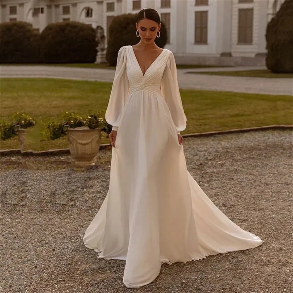 Bridal Chiffon Deep V Satin Long Sleeve Light Yarn Gown - Serenity Spaces