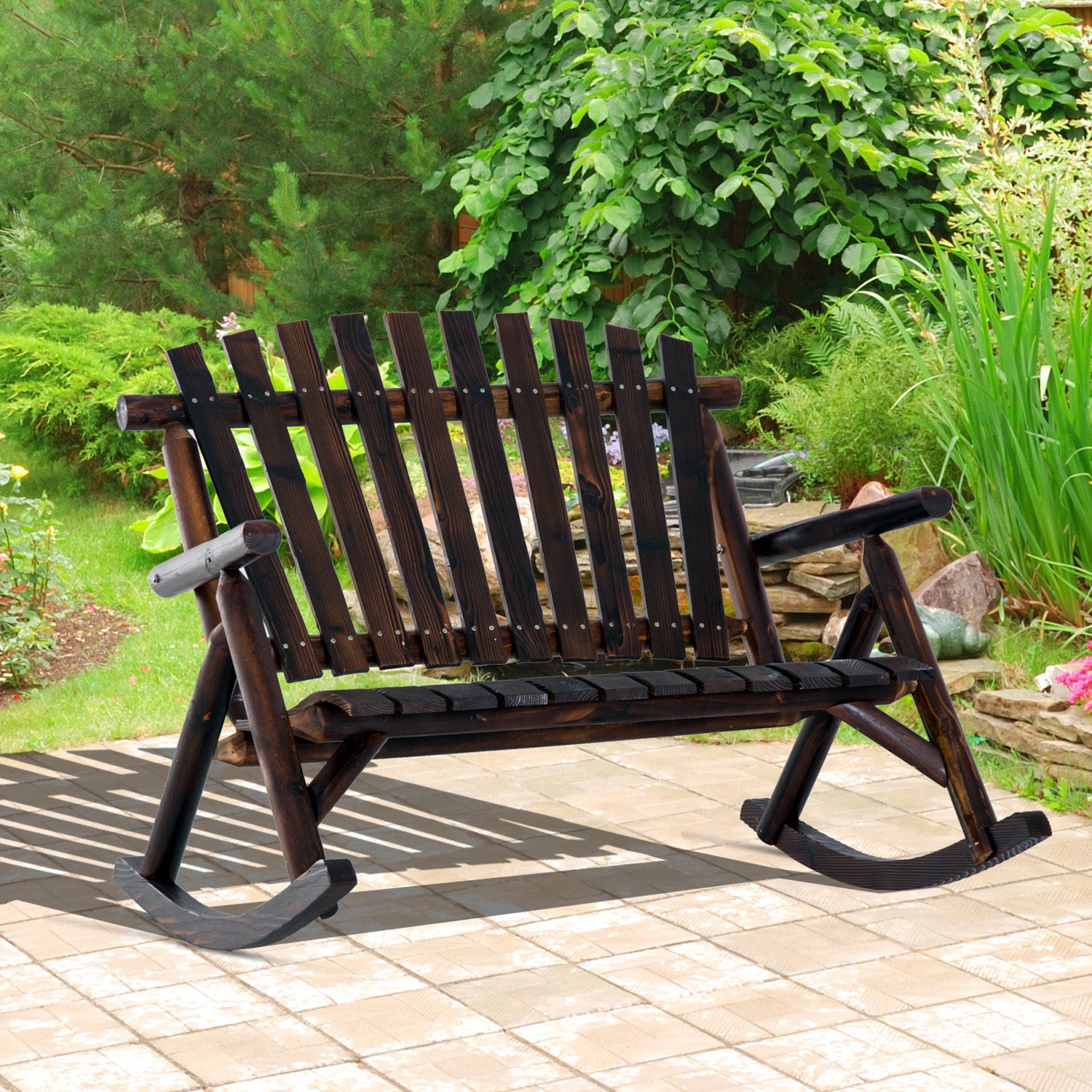 Classic Wooden High - Back Rocker, Carbonized For Garden Serenity & Relaxation, Durable Outdoor Furniture - Serenity Spaces