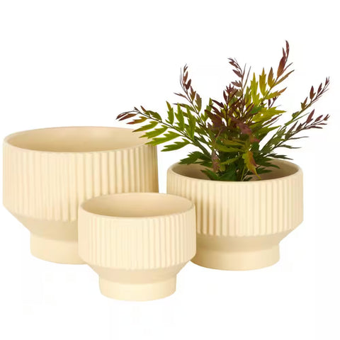 7 In., 6 In. and 5 In. Small Cream Ceramic Wide Planter with Linear Grooves and Tapered Bases (3-Pack)