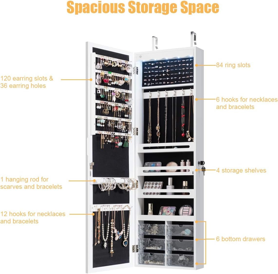Jewelry Cabinet Armoire, Wall Mount Door Hanging, Lockable Jewelry Organizer with 47.5&
