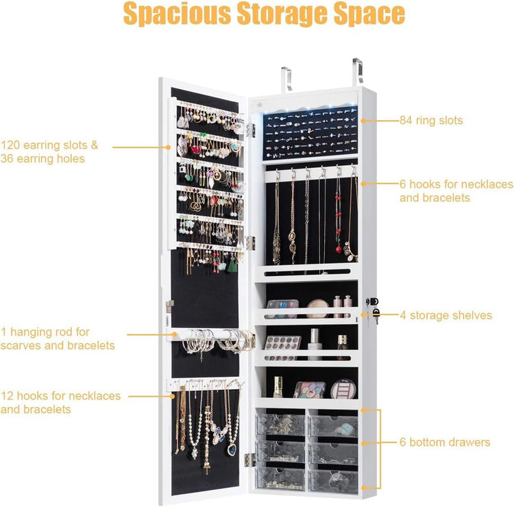 Jewelry Cabinet Armoire, Wall Mount Door Hanging, Lockable Jewelry Organizer with 47.5&